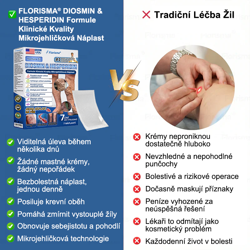 FLORISMA® Klinická mikrojehličková náplast s diosminem a hesperidinem🌿 – zaměřená na křečové a metličkové žilky, pomáhá zmírnit pocit těžkých a unavených nohou